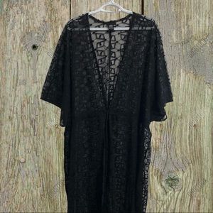 Torrid, black lace kimono with drawstring waist.